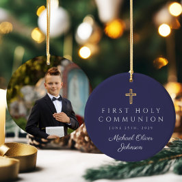 Foto Blauwe Religieuze Kruis Jongen Eerste Communi Keramisch Ornament