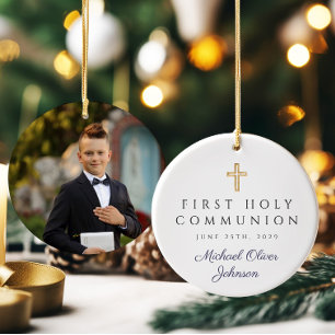 Foto Blauwe Religieuze Kruis Jongen Eerste Communi Keramisch Ornament