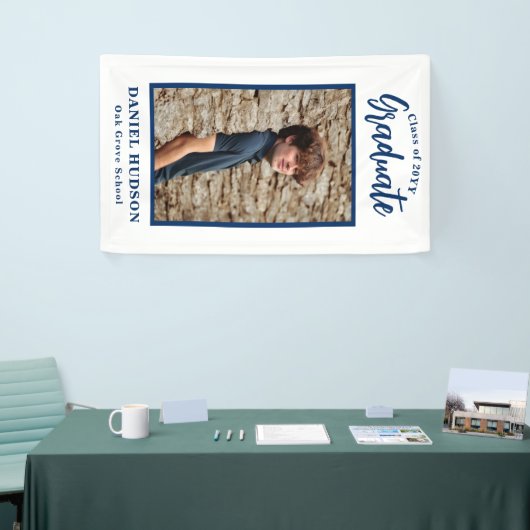 Foto Blauwe School kleur Afstuderen Banner toevoeg (Beurs)