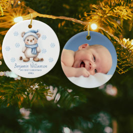 Foto Blauwe Sneeuwvlokken Beer Baby's 1e Kerstmis Keramisch Ornament