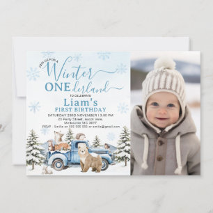 Foto Blauwe Truck Winter Onederland 1e Verjaardag Kaart