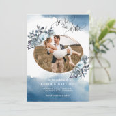 Foto, Blauwe Waterverf en Blauw Blauw Bladgroen Save The Date (Staand voorkant)