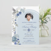 Foto Blauwe Wilde Bloem Hydrangea Doopfeest Kaart (Staand voorkant)