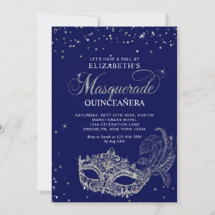 Foto Blauwe Zilveren Glitter Masquerade Quinceañer Kaart