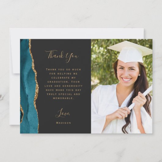 Foto Blauwgroen Agate Gold Script Dark Afstuderen Bedankkaart (Voorkant)
