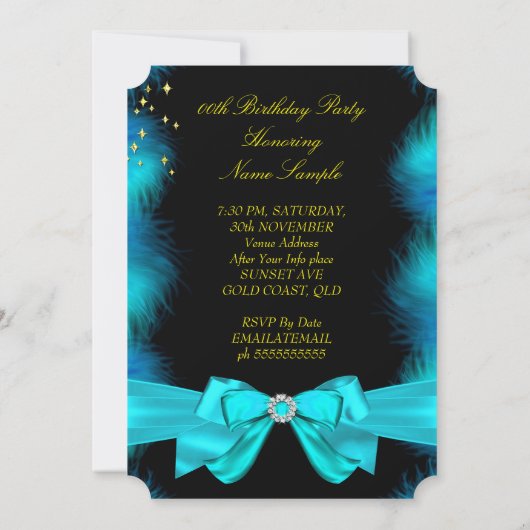 Foto: Blauwgroen Blue Feathers Bow Gold Birthday P Kaart (Achterkant)