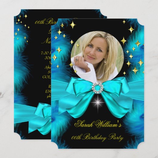 Foto: Blauwgroen Blue Feathers Bow Gold Birthday P Kaart (Voorkant / Achterkant)