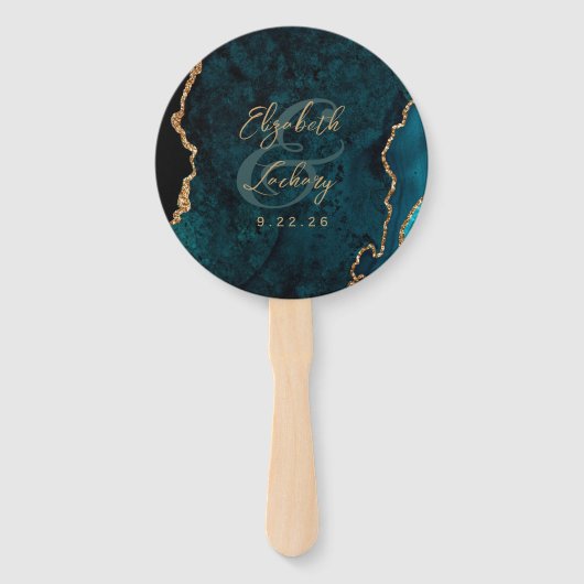 Foto Blauwgroen Blue Gold Agate Script Wedding Handwaaier (Achterkant)