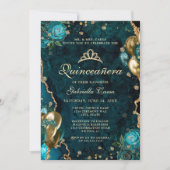 Foto Blauwgroen Gouden Bloemagaat Quinceanera Kaart (Voorkant)