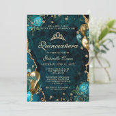 Foto Blauwgroen Gouden Bloemagaat Quinceanera Kaart (Staand voorkant)