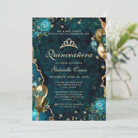 Foto Blauwgroen Gouden Bloemagaat Quinceanera Kaart (Staand voorkant)