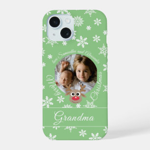 Foto Blauwgroen Kerst Wit Script Schattige rendier iPhone 15 Case
