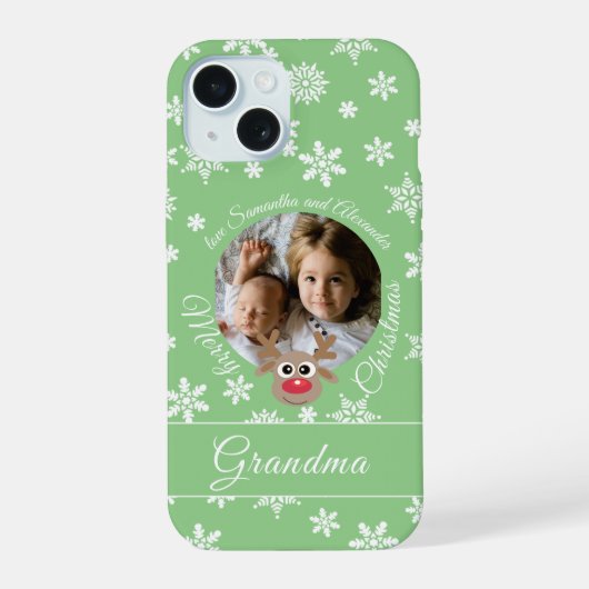 Foto Blauwgroen Kerst Wit Script Schattige rendier iPhone 15 Case (Achterkant)