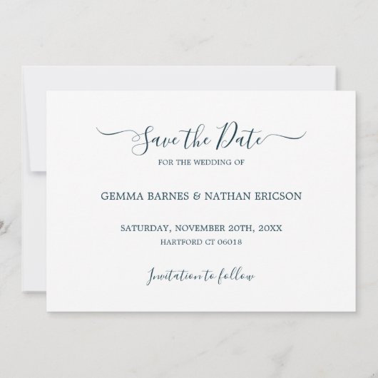 Foto Blauwgroen Verwoording Vlakke Bruiloft Save T Save The Date (Achterkant)
