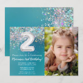 Foto Blauwgroen Zilver Glitter 2e Verjaardag Kaart (Voorkant / Achterkant)