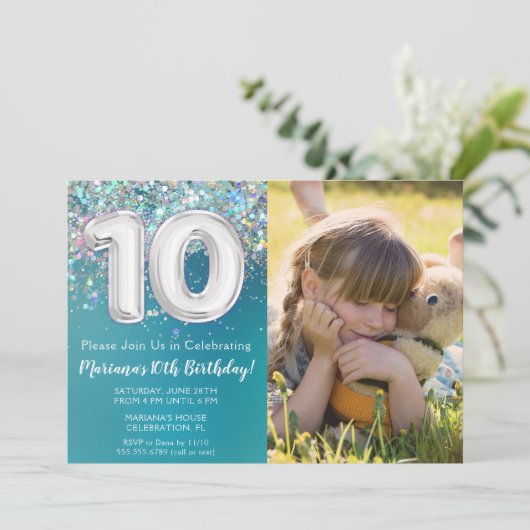 Foto Blauwgroen Zilveren Glitter 10e Verjaardag Kaart (Staand voorkant)