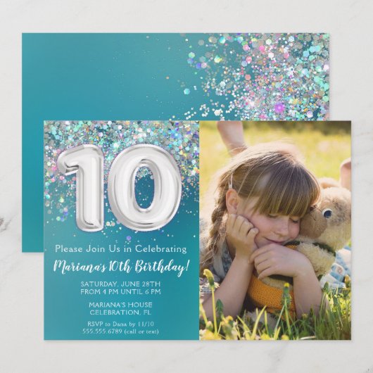 Foto Blauwgroen Zilveren Glitter 10e Verjaardag Kaart (Voorkant / Achterkant)