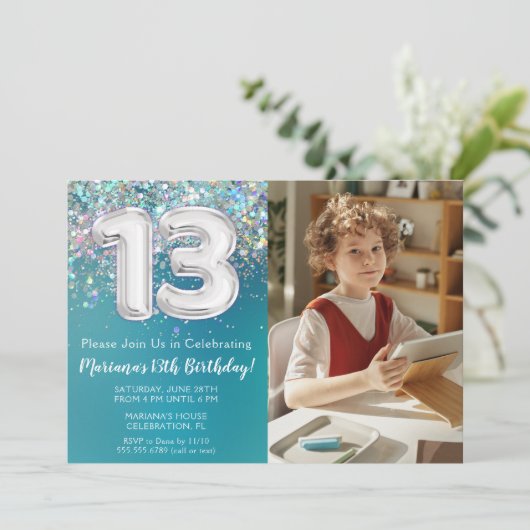 Foto Blauwgroen Zilveren Glitter 13e Verjaardag Kaart (Staand voorkant)