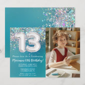 Foto Blauwgroen Zilveren Glitter 13e Verjaardag Kaart (Voorkant / Achterkant)