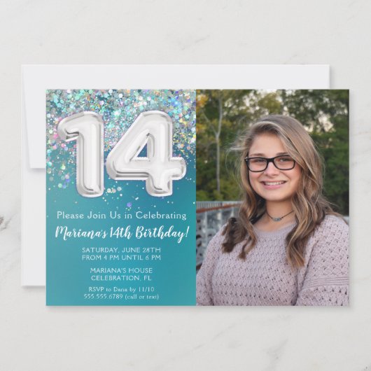 Foto Blauwgroen Zilveren Glitter 14e Verjaardag Kaart (Voorkant)