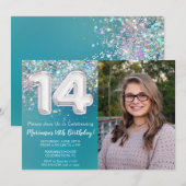 Foto Blauwgroen Zilveren Glitter 14e Verjaardag Kaart (Voorkant / Achterkant)