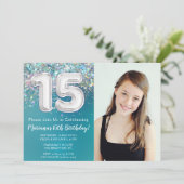 Foto Blauwgroen Zilveren Glitter 15e Verjaardagsfe Kaart (Staand voorkant)
