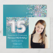Foto Blauwgroen Zilveren Glitter 15e Verjaardagsfe Kaart (Voorkant / Achterkant)