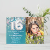 Foto Blauwgroen Zilveren Glitter 16e Verjaardag Kaart (Staand voorkant)