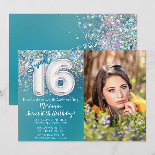 Foto Blauwgroen Zilveren Glitter 16e Verjaardag Kaart (Voorkant / Achterkant)
