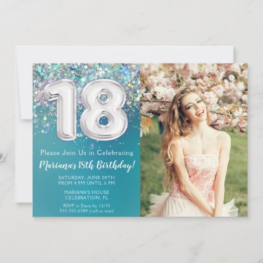 Foto Blauwgroen Zilveren Glitter 18e Verjaardag Kaart (Voorkant)