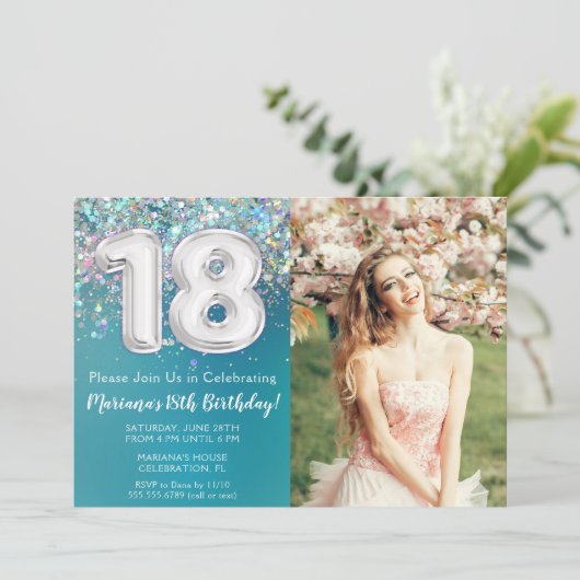 Foto Blauwgroen Zilveren Glitter 18e Verjaardag Kaart (Staand voorkant)
