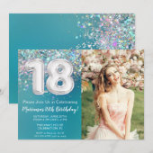 Foto Blauwgroen Zilveren Glitter 18e Verjaardag Kaart (Voorkant / Achterkant)