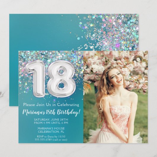 Foto Blauwgroen Zilveren Glitter 18e Verjaardag Kaart (Voorkant / Achterkant)