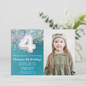 Foto Blauwgroen Zilveren Glitter 4e Verjaardagsuit Kaart (Staand voorkant)