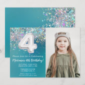 Foto Blauwgroen Zilveren Glitter 4e Verjaardagsuit Kaart (Voorkant / Achterkant)