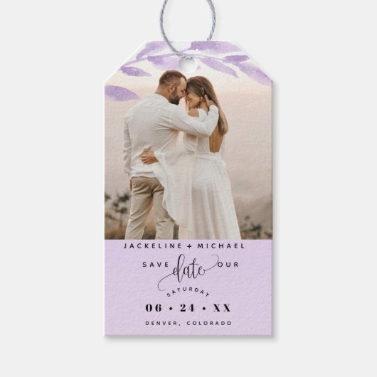 Foto, Bleke Paarse bladeren Bruiloft Save the Date Cadeaulabel (Voorkant)
