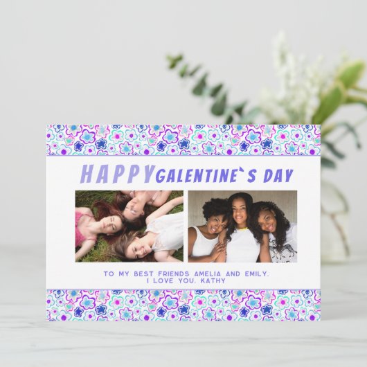 Foto Bloed Pattern Galentine Day Friends 2 Feestdagenkaart (Staand voorkant)