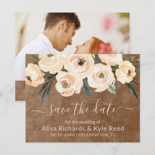 Foto bloem beige goud bruin Save the Date Aankondiging (Voorkant / Achterkant)
