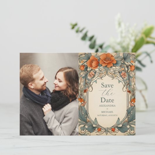 Foto  Bloemen Art Nouveau Bruiloft Save The Date (Staand voorkant)