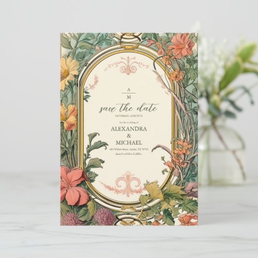 Foto  Bloemen Art Nouveau Bruiloft Save The Date (Staand voorkant)
