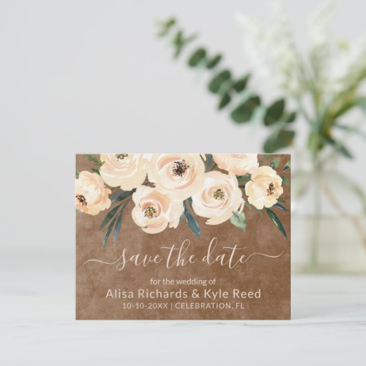 Foto Bloemen Beige Goudbruin Save the Date Aankondiging (Staand voorkant)