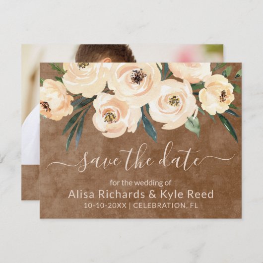 Foto Bloemen Beige Goudbruin Save the Date Aankondiging (Voorkant / Achterkant)
