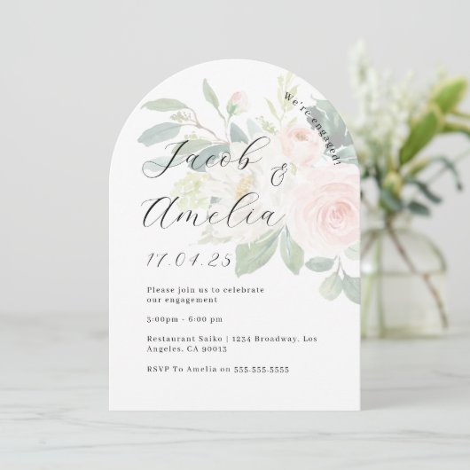 Foto Bloemen Blush Modern Arch Engagement Party Kaart (Staand voorkant)