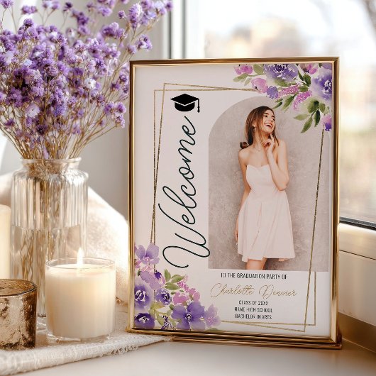 Foto Bloemen Boho paars goud schrift afstuderen Poster