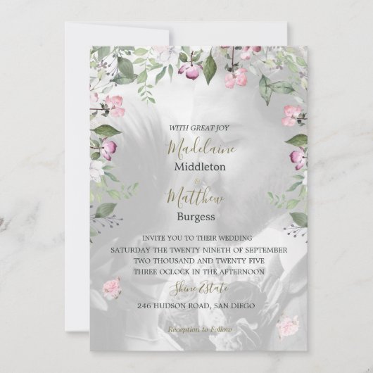 Foto Bloemen Paars Goud Roze Bruiloft Kaart (Voorkant)