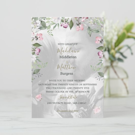 Foto Bloemen Paars Goud Roze Bruiloft Kaart (Staand voorkant)