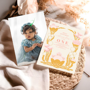 Foto Bloemen Roze Goud 1e Verjaardag Kaart