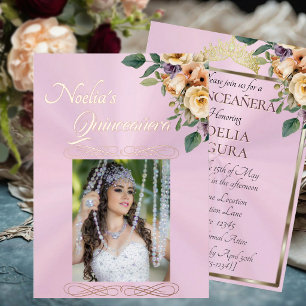 Foto & Bloemen - Roze Quinceanera Folie Uitnodiging