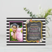 Foto Bloemen Stripe Bloemen Roze Verjaardag Uitnod Kaart (Staand voorkant)