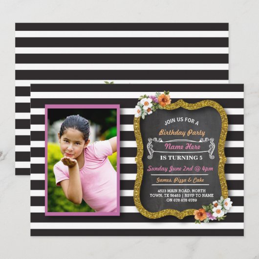 Foto Bloemen Stripe Bloemen Roze Verjaardag Uitnod Kaart (Voorkant / Achterkant)